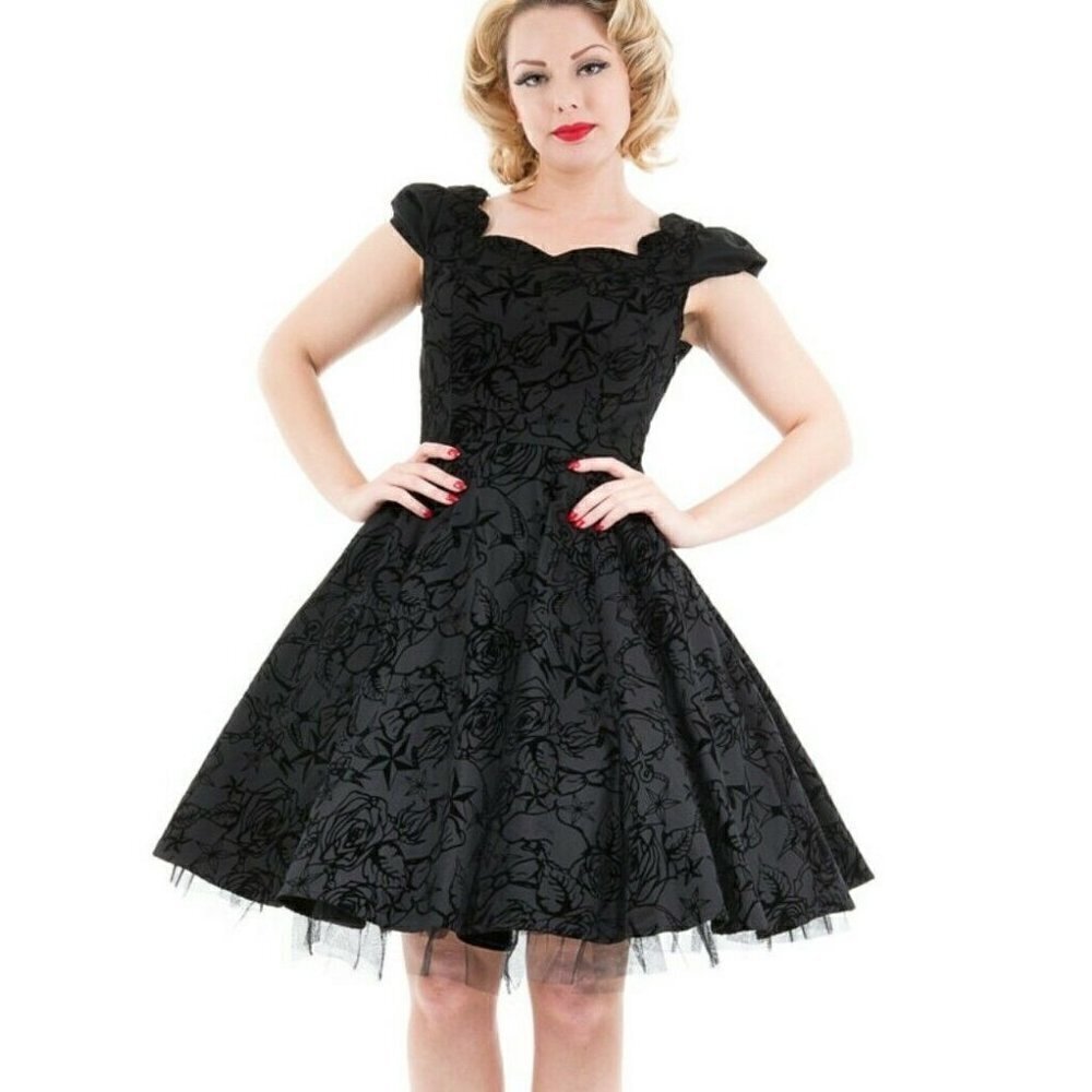 New Hearts & Roses Flocked Swing Dress Womens 10 Black Swallow Anchor Roses